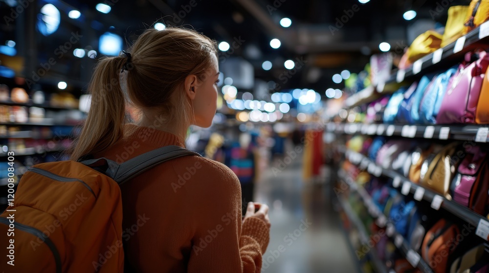 A woman is shopping in a store with a backpack on her back A woman is shopping in a store with a backpack on her back