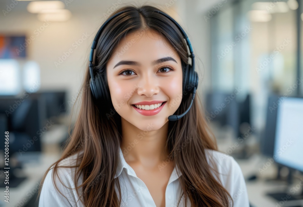 A woman in a customer support call center, equipped with a headset, engaged in a conversation