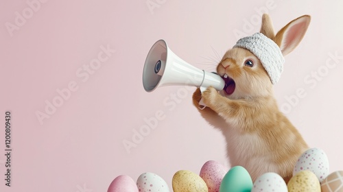 A cute bunny wearing a spring-themed cap, holding a megaphone surrounded by colorful Easter eggs. The pastel background enhances the festive mood