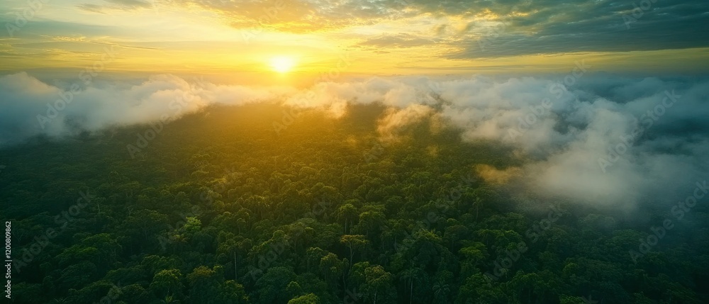 Naklejka premium A breathtaking aerial view of a lush green rainforest at sunrise, with mist rising and golden light illuminating the scene