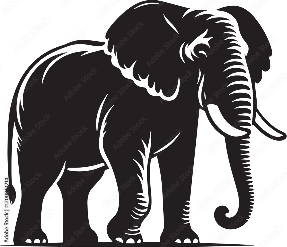 Obraz premium Black Color Elephant Silhouette Vector Illustration, Solid White Background