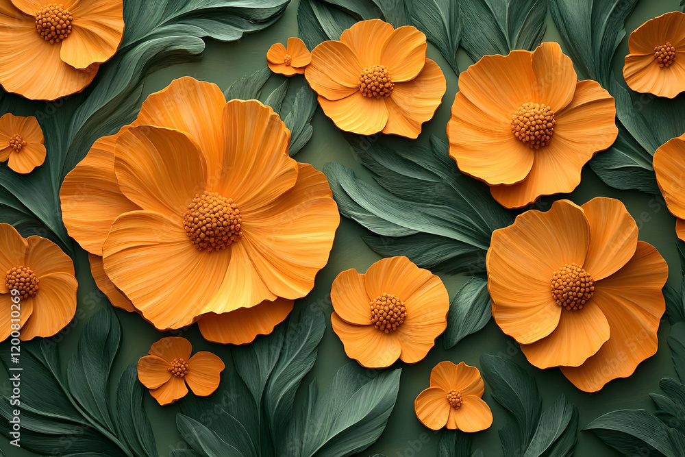 custom made wallpaper toronto digitalOrange floral 3D wall art, green leaves background
