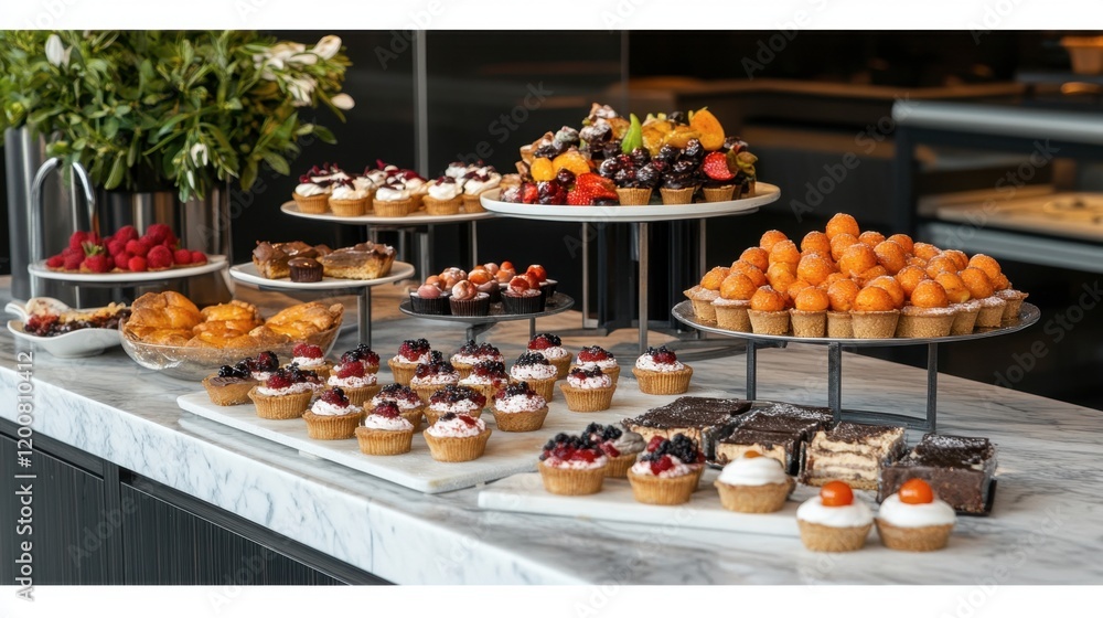 A high-end dessert buffet with a variety of tarts, mousses, and chocolates, placed on a marble countertop in a sophisticated setting. A high-end dessert buffet with a variety of tarts, mousses, and chocolates, placed on a marble countertop in a sophisticated setting.
