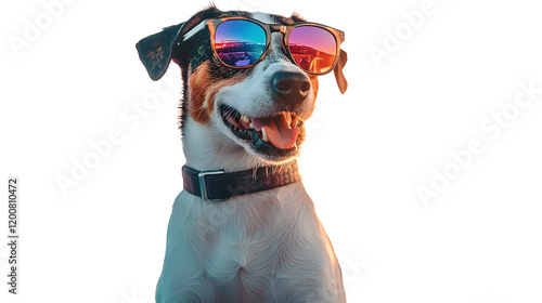 happy dog wearing sunglasses isolated on white background photo