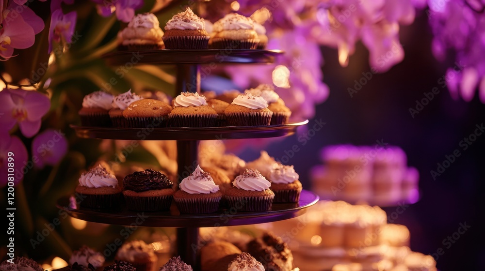 A lavish dessert setting with gourmet cupcakes and cookies, highlighted by ambient lighting in a high-end restaurant.