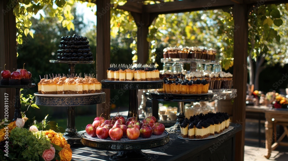 Fototapeta premium A lavish dessert table with decadent cheesecakes and caramel apples, in a garden pergola.