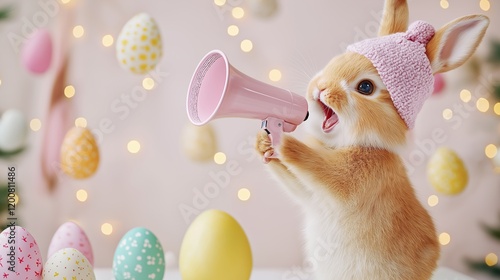 A cute bunny wearing a pink knitted hat, holding a pink megaphone, surrounded by colorful Easter eggs