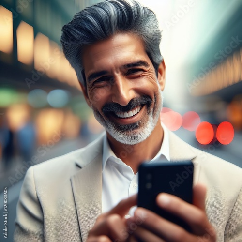 A businessman smiling while in the city holding a smartphone photo