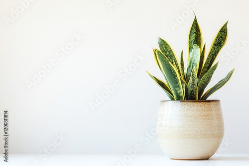 Indoor potted snake plant, minimalist white background, home decor, bright sunlight photo