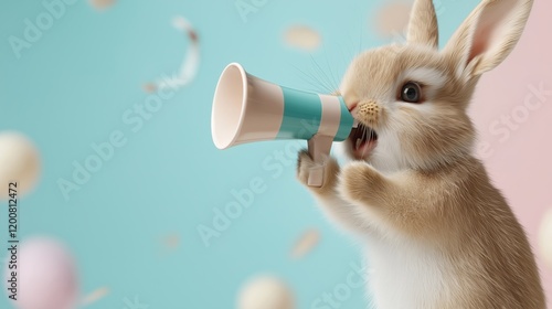 A fluffy rabbit holding a megaphone against a pastel background of soft blue and pink hues, evoking a whimsical and fun atmosphere for cheerful designs or promotional materials