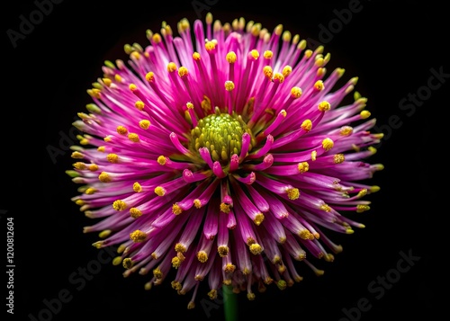 Exquisite Ptilotus Exaltatus, top-down, black backdrop.  Minimalist image stacking reveals intricate detail. photo