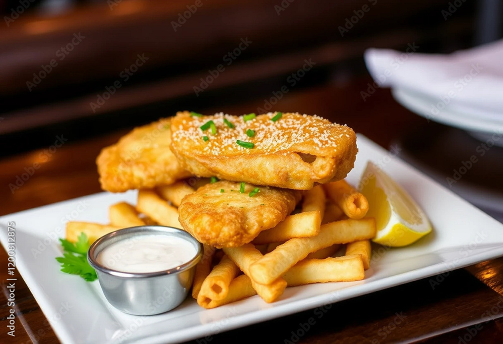 A plate of crispy fish and chips, served with a side of tartar sauce and a wedge of lemon, perfect for a St. Patrick's Day meal at a cozy pub A plate of crispy fish and chips, served with a side of tartar sauce and a wedge of lemon, perfect for a St. Patrick's Day meal at a cozy pub