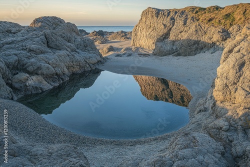 Serene coastal landscape featuring a tranquil tidal pool surrounded by rocky formations at sunset photo