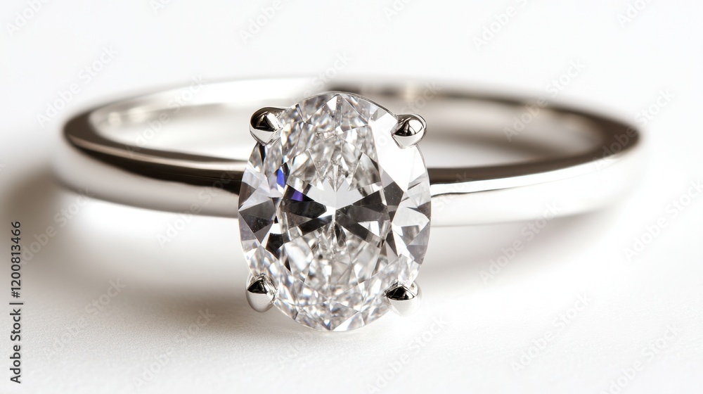 A modern diamond ring with an oval cut stone, elegantly placed on a clean, white background for a crisp, fresh look. A modern diamond ring with an oval cut stone, elegantly placed on a clean, white background for a crisp, fresh look.