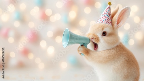 Adorable close-up of a light beige rabbit wearing a colorful party hat and holding a light blue megaphone. The background is softly blurred with pastel-colored bokeh
