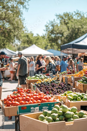 Vibrant farmer's market with diverse produce displays, bustling with shoppers on a sunny day.