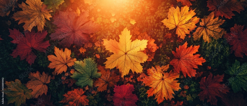 Vibrant autumn leaves scattered on the ground, illuminated by soft sunlight in a serene forest Vibrant autumn leaves scattered on the ground, illuminated by soft sunlight in a serene forest