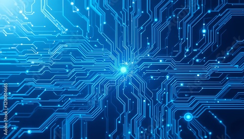 Abstract Futuristic Technology Background: Glowing Blue Circuit Board Pattern, High-Tech Digital Network Concept