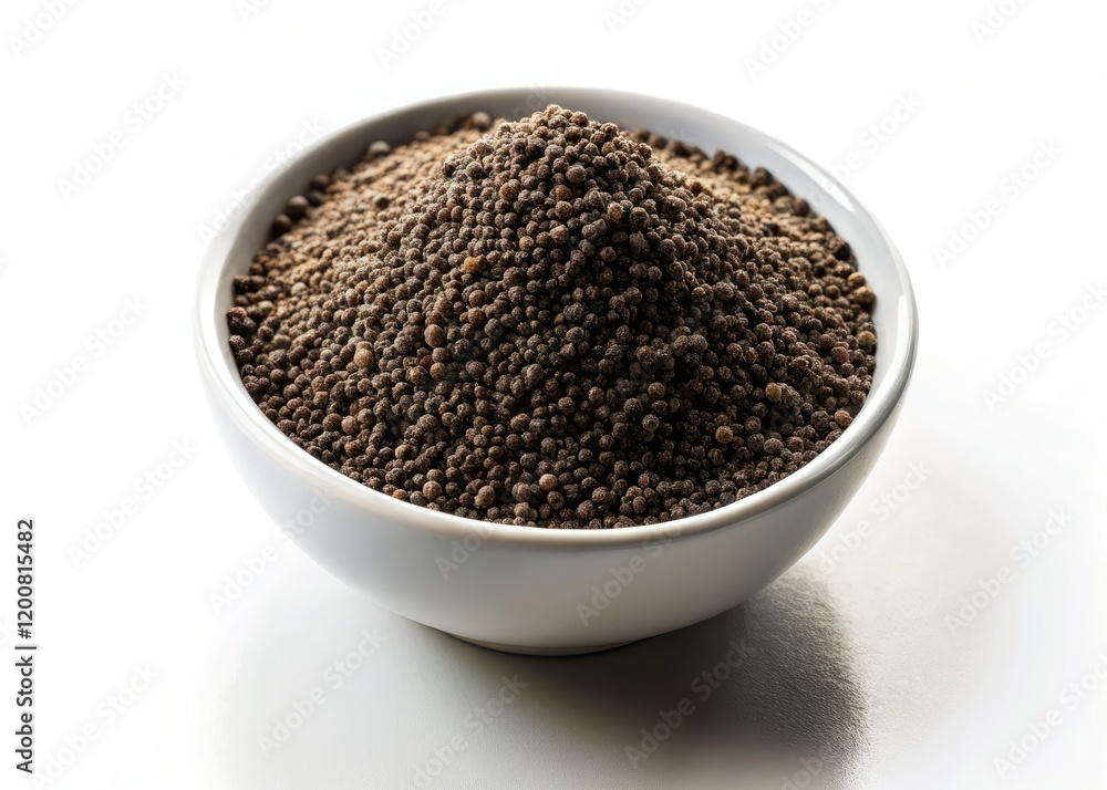 High-resolution close-up of ground black pepper in a white ceramic bowl, isolated on a white background. High-resolution close-up of ground black pepper in a white ceramic bowl, isolated on a white background.