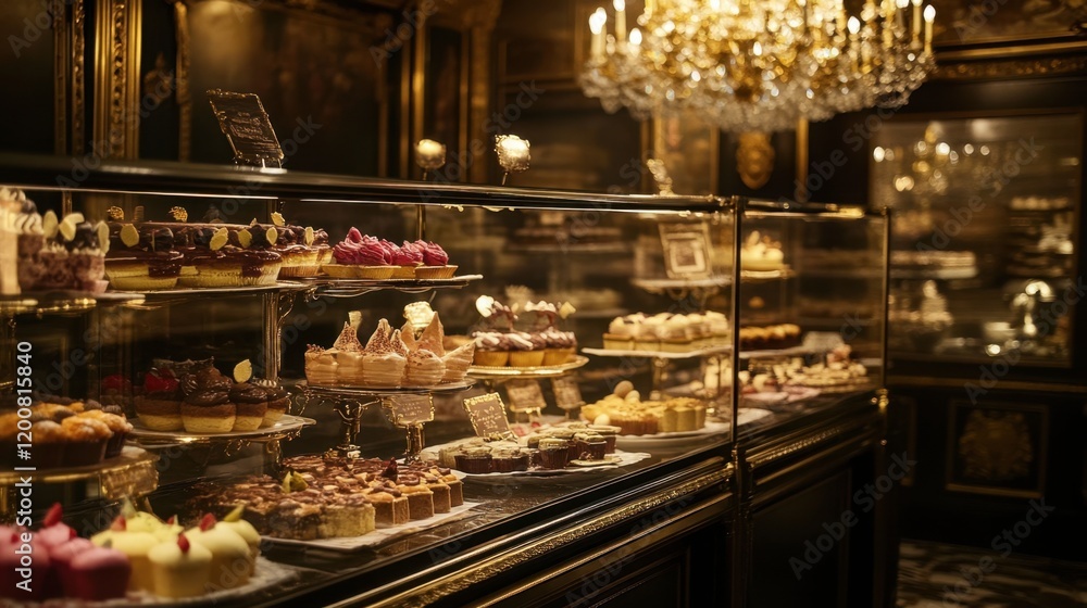A rich assortment of desserts displayed in a glass case, with a luxurious chandelier overhead in an exclusive patisserie. A rich assortment of desserts displayed in a glass case, with a luxurious chandelier overhead in an exclusive patisserie.