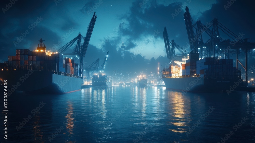 Fototapeta premium A serene nighttime harbor with cargo ships and cranes, the calm waters reflecting the glow of the city's lights in the distance.