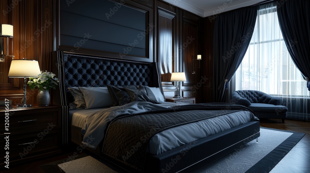 A large black bed with a black headboard and a black comforter A large black bed with a black headboard and a black comforter