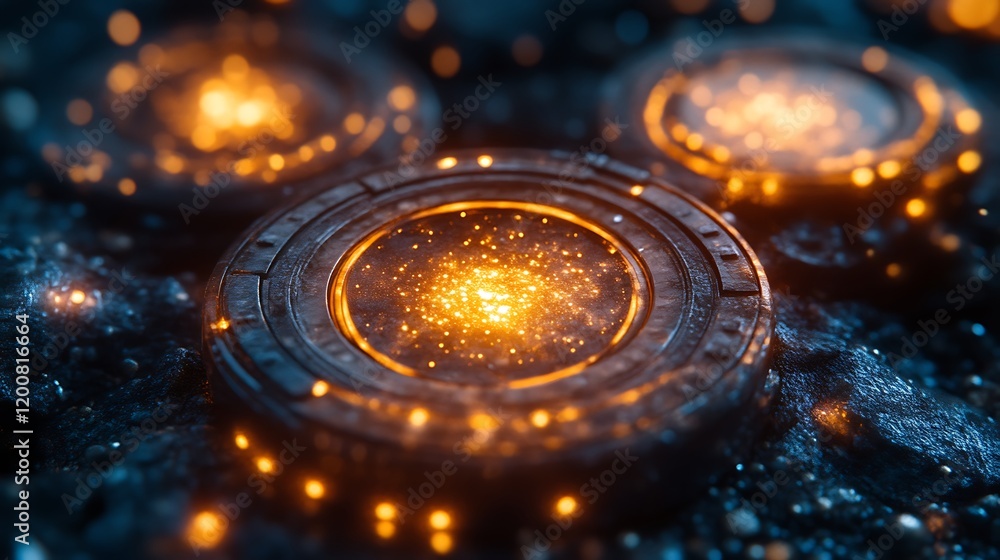 Glowing Circular Mechanisms On Dark Surface Glowing Circular Mechanisms On Dark Surface
