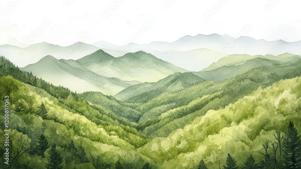 Fototapeta premium Watercolor of landscape forest misty mountains horizon and fog and hills,pine tree fir tree,Autumn forest background,drawn by hand,Autumn illustration design elements for landscape,wallpaper.