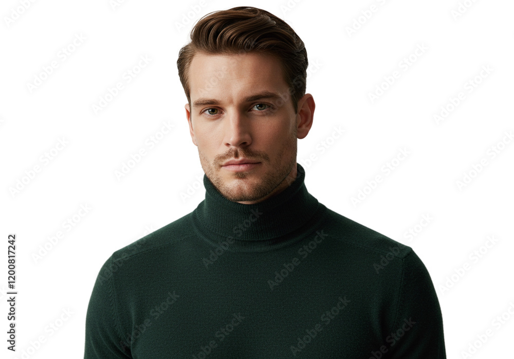 Handsome Man Wearing Stylish Dark Green Turtleneck Sweater male wool look model style adult person Handsome Man Wearing Stylish Dark Green Turtleneck Sweater male wool look model style adult person