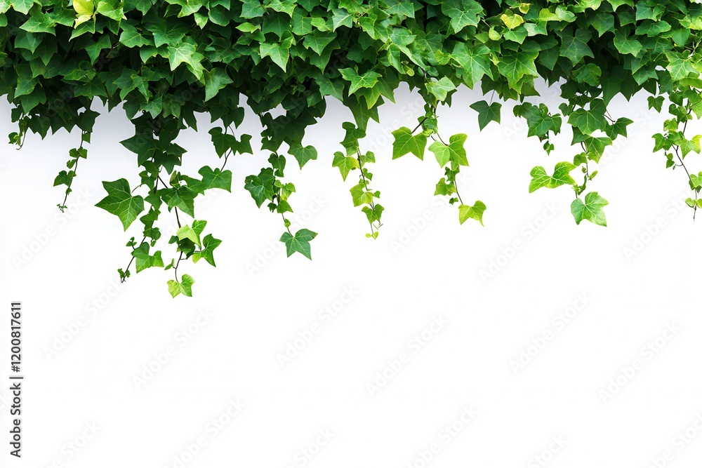 Lush ivy border, cascading, white background, nature, design element Lush ivy border, cascading, white background, nature, design element