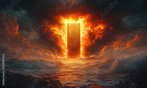 Fiery portal, stormy sea, apocalyptic scene. photo