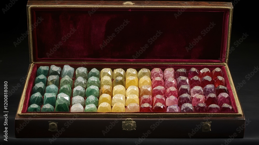 A stunning display of vibrant crystals, including emeralds and rubies, arranged in a luxurious velvet-lined box. A stunning display of vibrant crystals, including emeralds and rubies, arranged in a luxurious velvet-lined box.