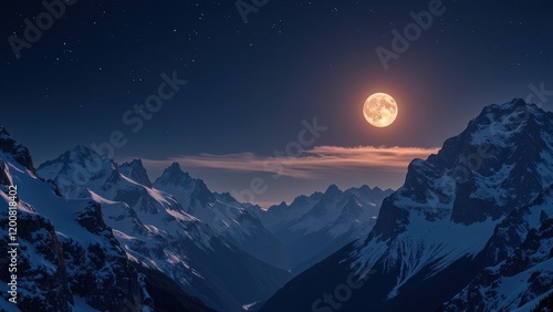 Snow-capped peaks rise majestically under a star-studded, deep-blue night sky. A grand orange moon dominates the celestial canvas.   photo