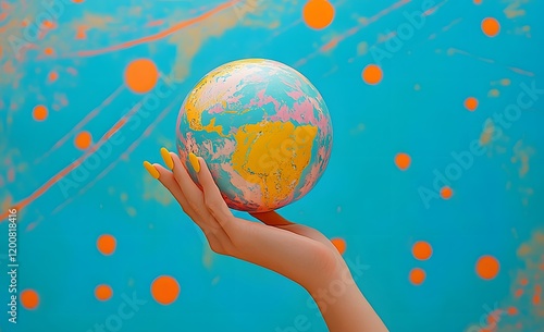 A hand gently cradles a small colorful globe photo