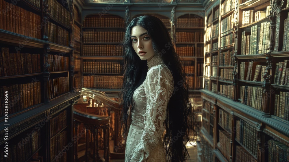 Woman In Elegant Dress Amidst Ancient Bookshelves Woman In Elegant Dress Amidst Ancient Bookshelves