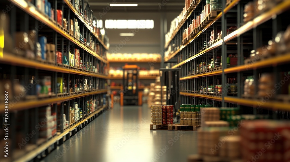 Warehouse Aisles: Rows of Shelves Filled with Canned Goods and Food Products in a Large Warehouse Setting Warehouse Aisles: Rows of Shelves Filled with Canned Goods and Food Products in a Large Warehouse Setting