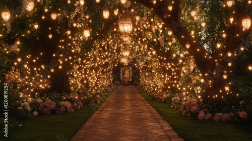 Enchanting Illuminated Garden Pathway at Night