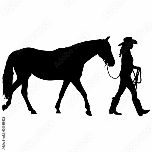 A horse is being led by a cowboy. The cowboy is wearing a hat and holding a rope