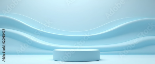light blue cylindrical pedestal on a gently undulating wave background