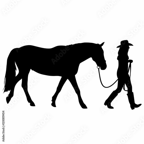 A horse is being led by a cowboy. The cowboy is wearing a hat and holding a rope