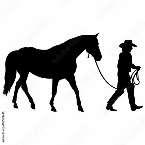 A horse is being led by a cowboy. The cowboy is wearing a hat and holding a rope