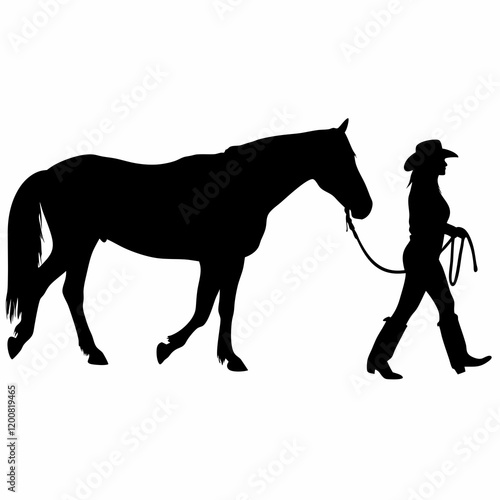 A horse is being led by a cowboy. The cowboy is wearing a hat and holding a rope