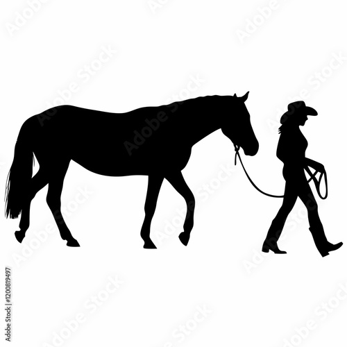 A horse is being led by a cowboy. The cowboy is wearing a hat and holding a rope