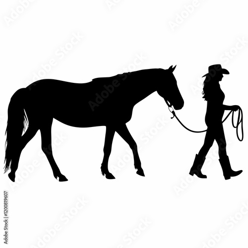 A horse is being led by a cowboy. The cowboy is wearing a hat and holding a rope