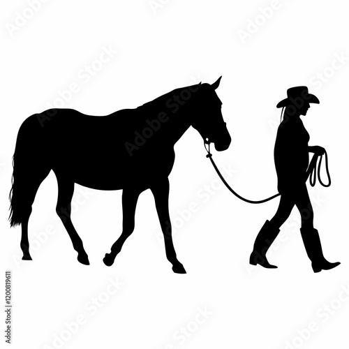 A horse is being led by a cowboy. The cowboy is wearing a hat and holding a rope