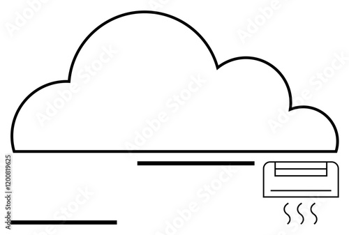 Cloud shape linked to an air conditioner or server, abstract linework. Ideal for tech, cloud computing, connectivity, server storage, minimalism, data management, abstract line flat metaphor