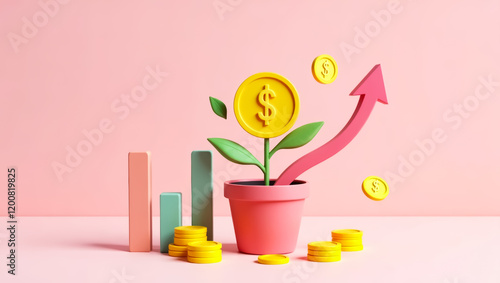 vibrant money plant growing in a pink pot symbolizes financial growth and economic prosperity.