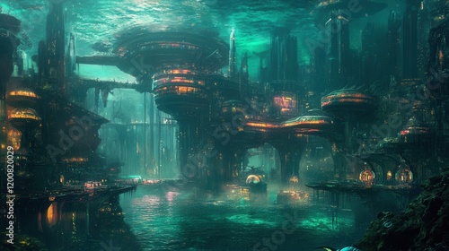 Enchanting Underwater Cityscape with Futuristic Structures and Lights