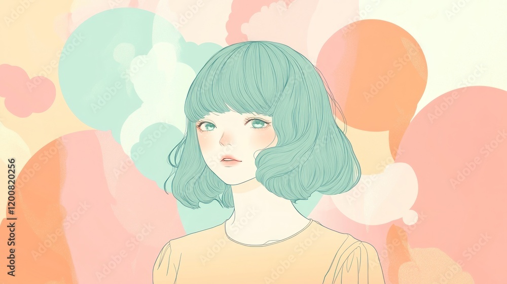 Pastel portrait of a girl with teal bob haircut. Pastel portrait of a girl with teal bob haircut.