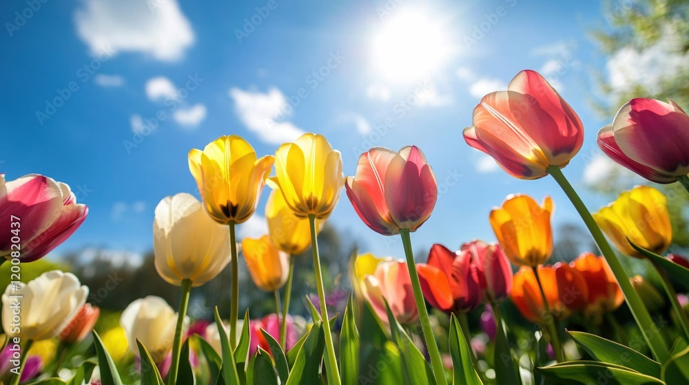 Fototapeta premium Vibrant Tulips Blooming Under a Sunny Spring Sky